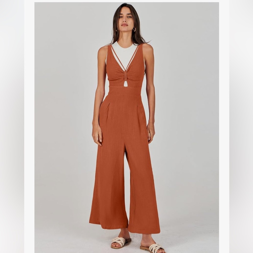Anrabess Women's Brick Red Orange Jumpsuit Wide Leg Sleeveless Linen Romper - Picture 5 of 15